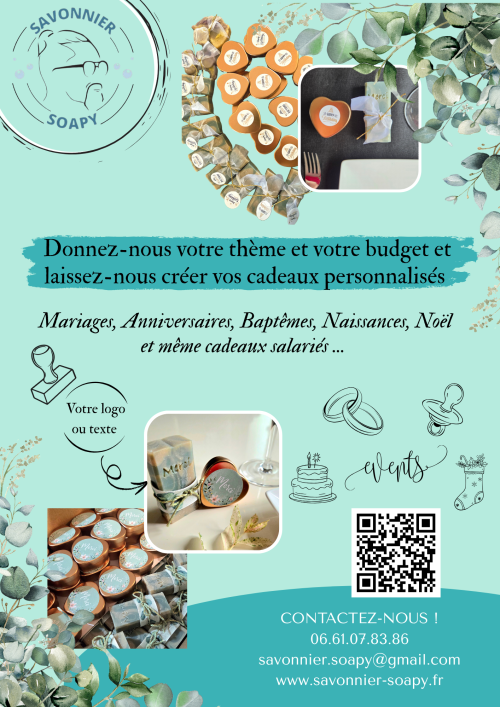 Offres spéciales – Savons personnalisés pour toutes vos occasions Savons artisanaux personnalisés pour mariages, anniversaires, baptêmes, cadeaux de naissance, Noël et coffrets CSE – Savonnier Soapy, Normandie